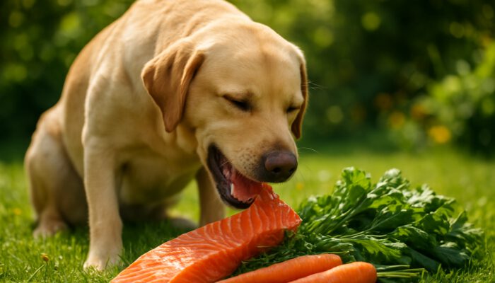 Joyful Labrador eating raw salmon and veggies in sunny garden for natural pet wellness