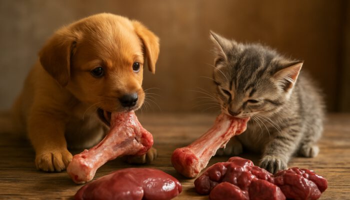 Playful puppy and kitten gnawing raw bones beside organ meats on wooden table.
