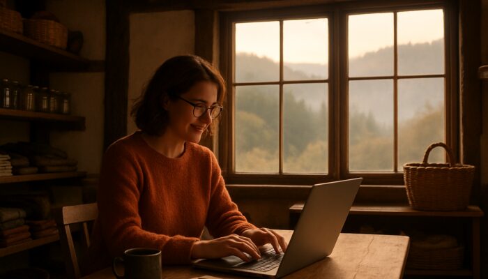 Small business owner creating blog content on a laptop in a charming Lydney shop with views of the misty Forest of Dean