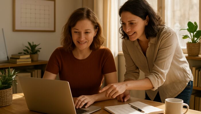 Lydney business owner planning blog posts on laptop with local expert in a bright office