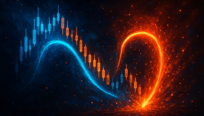 Visual representation of mass index reversal with swirling candlesticks in neon blue and orange cosmic style