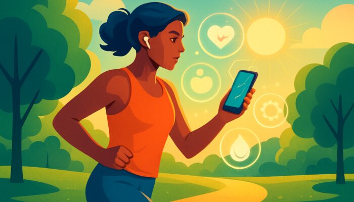 Individual jogging in a sunlit park, checking a fitness app displaying floating holographic health metrics.