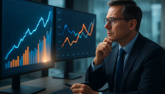 Financial expert analyzing glowing Bank of England interest rate and mortgage charts in office