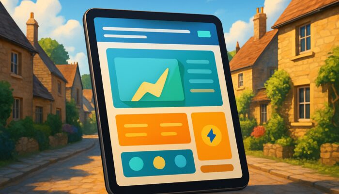Tablet displaying an intuitive website with fast load icons against the backdrop of Stonehouse town for seamless UX.