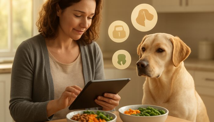 Owner reviewing Labrador health data on a tablet beside tailored nutrition bowls in a kitchen