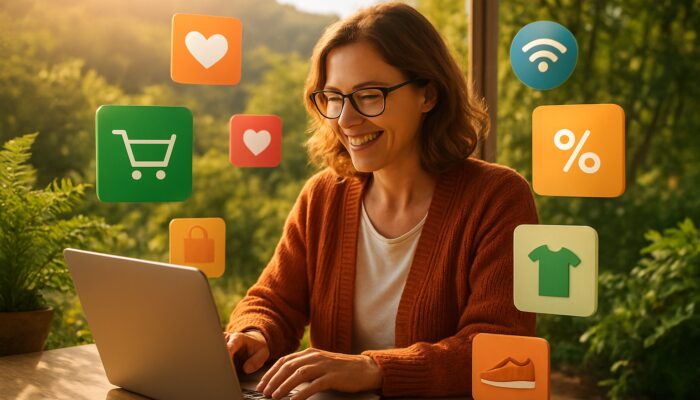 Ferndown shop owner at laptop with e-commerce icons and floating products amid Dorset greenery.