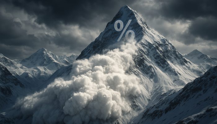 Cinematic avalanche cascading down debt mountains, striking highest interest rate peak first.