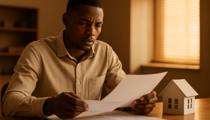 Focused South African applicant reviewing payslips and contracts for home loan in a bank setting.