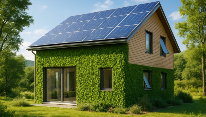Modern eco-friendly house featuring solar panels, green walls, and smart windows in a serene environment.