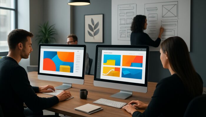 Skilled Marlborough design studio professionals creating vibrant WordPress websites on illuminated screens.