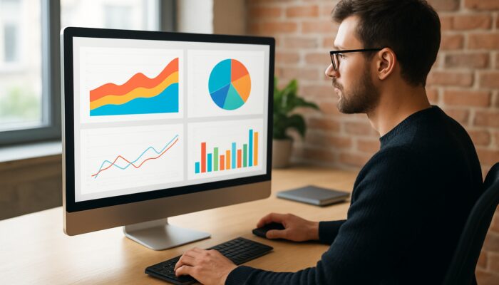 Web designer analysing Google Analytics dashboards featuring colourful KPI charts in a Marlborough office