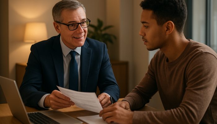 UK financial advisor assisting gig worker with debt consolidation paperwork in a contemporary office