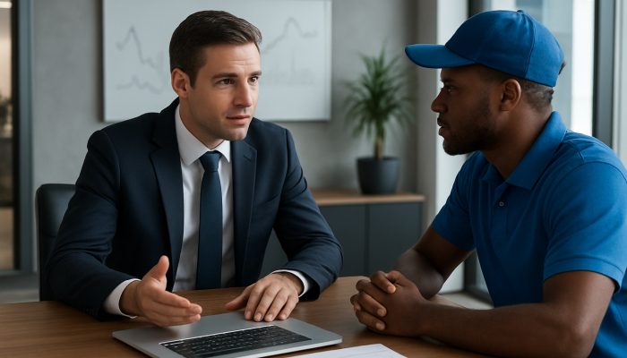 British financial advisor discussing gig earnings charts with delivery driver in a modern office for debt consolidation guidance