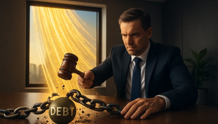 CEO shattering debt chains with gavel as golden funding streams into modern boardroom