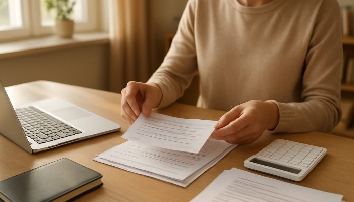 Discussing Financial Matters with Credit Unions | DCL Individual organising payslips and financial documents on a sunlit home office desk with a laptop for credit union preparation.