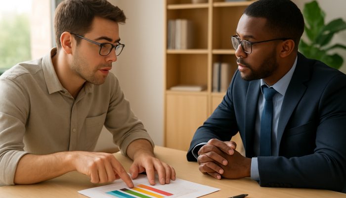 Discussing Financial Matters with Credit Unions | DCL Borrower points to a colourful debt interest rate chart while negotiating repayment with an advisor in a sunlit office.