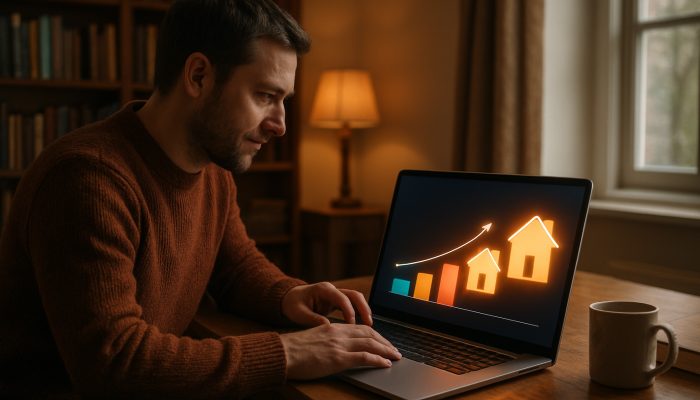 Homeowner viewing vibrant UK mortgage calculator charts comparing interest totals on laptop in cozy study.