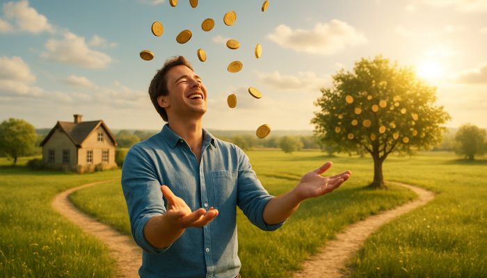 Joyful person catching golden coins in meadow symbolising financial growth and debt freedom